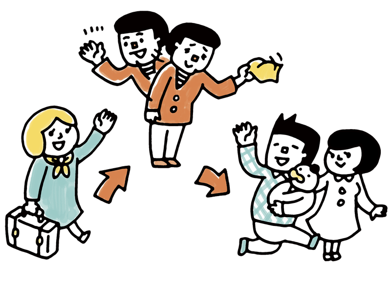 集まって手を振る人たち